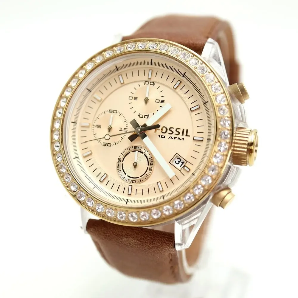 Fossil Decker Womens 42mm Chronograph Watch Brown Leather CH2724 w New Battery